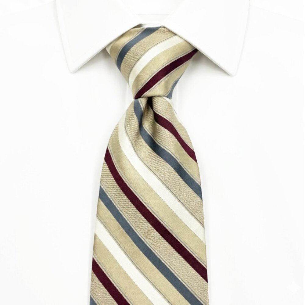 Calvin Klein Silk Tie Beige Taupe Burgundy Grey Striped Textured Modern Designer